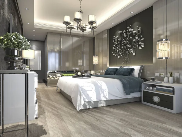 3d rendering luxury modern bedroom suite in hotel — Stock Photo, Image