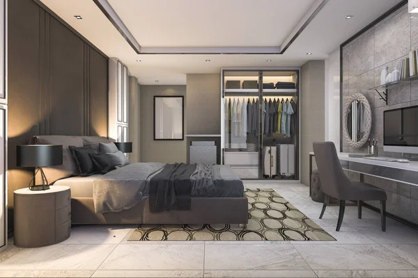 Çağdaş bir dekor ile 3D render kahverengi lüks yatak odası — Stok fotoğraf