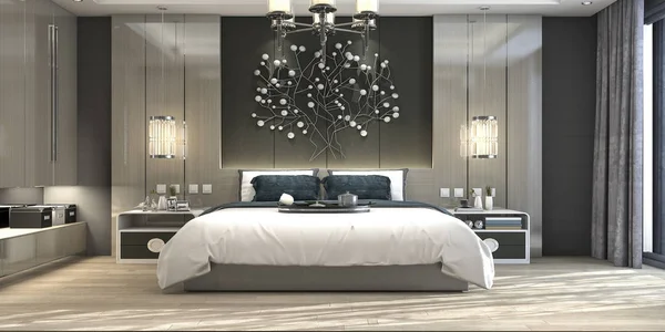 3Dレンダリングホテルの豪華な近代的なベッドルームスイート — ストック写真