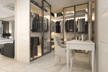 3D render beyaz yürüyüş dolap yatak odası yakınındaki altın dekor ile