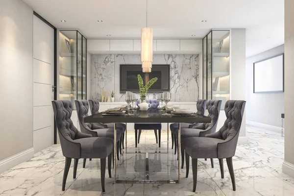 Kapının yakınında modern lüks yemek odasında 3D Render mavi yemek ayarlamak