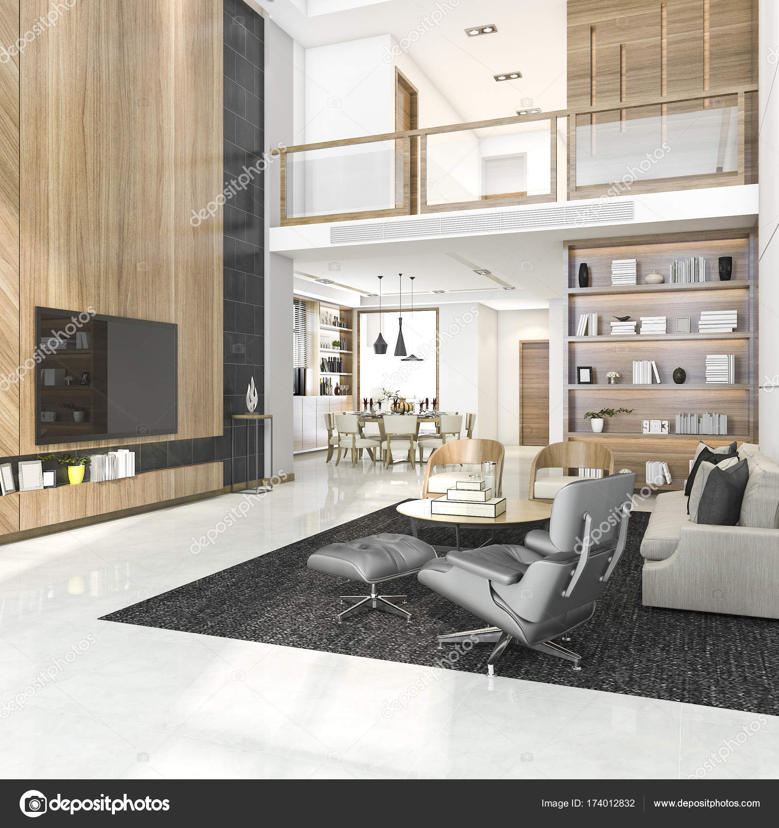 3D rendering legno moderno salotto e sala da pranzo — Foto Stock ... 3D rendering legno moderno salotto e sala da pranzo — Foto Stock ...