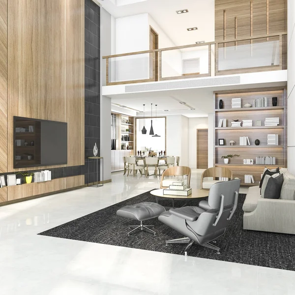 3d renderizado madera moderna sala de estar y comedor — Foto de Stock