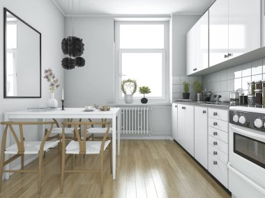 3D render İskandinav vintage mutfak yemek masası ile