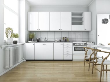 3D render İskandinav vintage mutfak yemek masası ile