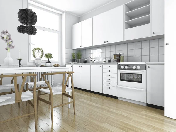 3d rendering scandinavian vintage kitchen with dining table