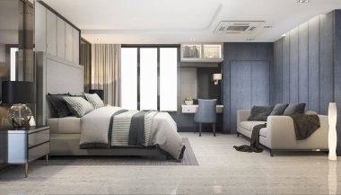 3D Render mavi modern lüks yatak odalı Süit otel