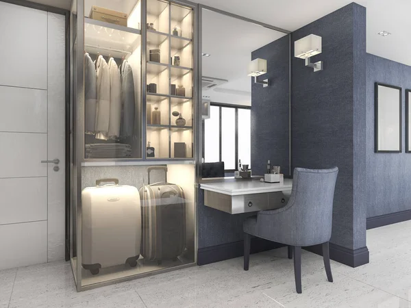 3D render beyaz yürüyüş dolap yatak odası yakınındaki mavi dekor ile