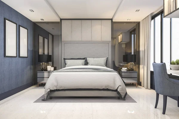 Rendering Blauwe Moderne Luxe Slaapkamer Suite Hotel Met Decor — Stockfoto