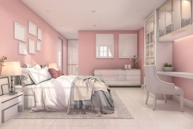 3d rendering beautiful pink vintage kid bedroom clipart