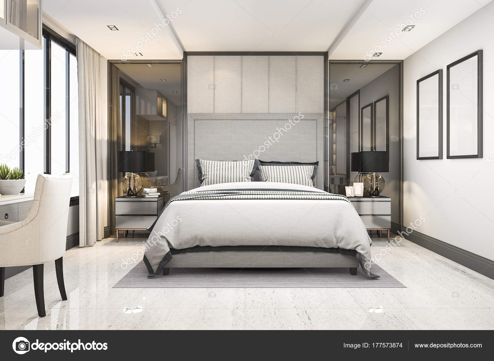 Rendering White Modern Luxury Bedroom Suite Hotel Decor