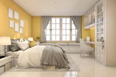 3D Render güzel sarı vintage çocuk yatak odası