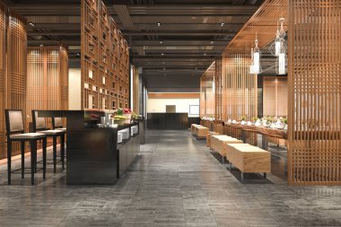 3D render loft ve lüks otel Resepsiyon ahşap Cafe lounge Restoran