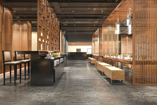 3D render loft ve lüks otel Resepsiyon ahşap Cafe lounge Restoran