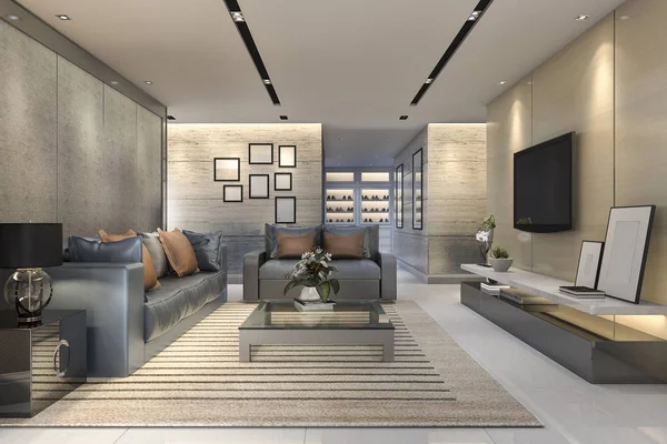 3D render lüks ve modern oturma odası ile deri kanepe