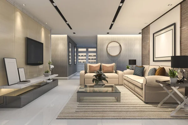 Rendering Luxe Moderne Woonkamer Met Bank Van Het Leer — Stockfoto