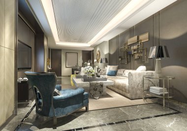 3D rendering lüks ve modern oturma odası ve yemek odası