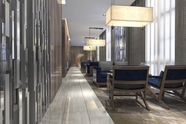3D render lüks otel Resepsiyon ve lounge Restoran