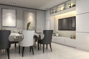 tv konsol ile 3D render yemek odası Dekor ayarla