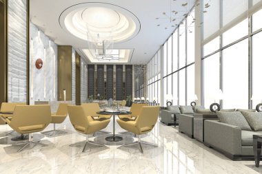 3D render sarı koltuğa lüks otel salonu ve Resepsiyon