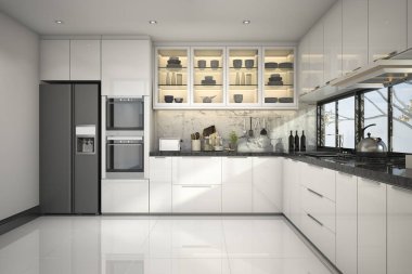 3D güzel modern beyaz mutfak mermer dekor ile oluşturma