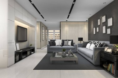 tv ile modern gri oturma odasında mavi kanepe