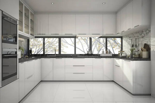 Рендеринг Красивая Современная Белая Кухня Мраморным Декором — стоковое фото