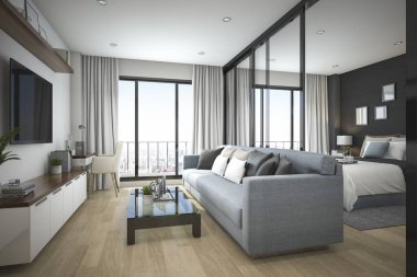 3D işleme modern en az ahşap oturma odası ve yatak odasında daire