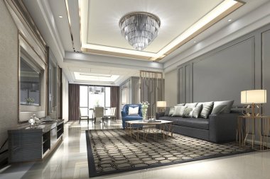 3D rendering ahşap lüks ve modern oturma odası ve yemek odası