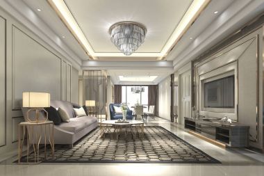 3D rendering ahşap lüks ve modern oturma odası ve yemek odası