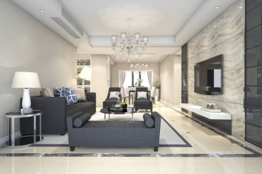 3D rendering lüks ve modern oturma odası ve yemek odası