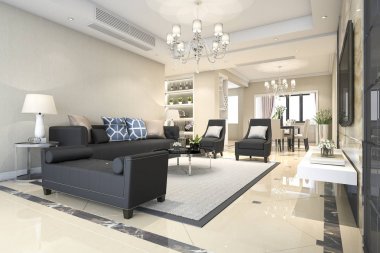 3D rendering lüks ve modern oturma odası ve yemek odası
