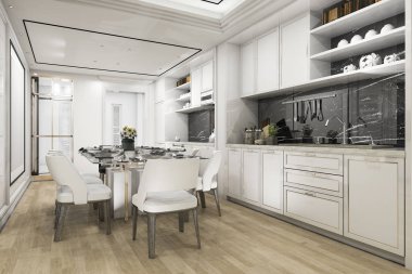 3D Render güzel modern beyaz mutfak ve yemek odası