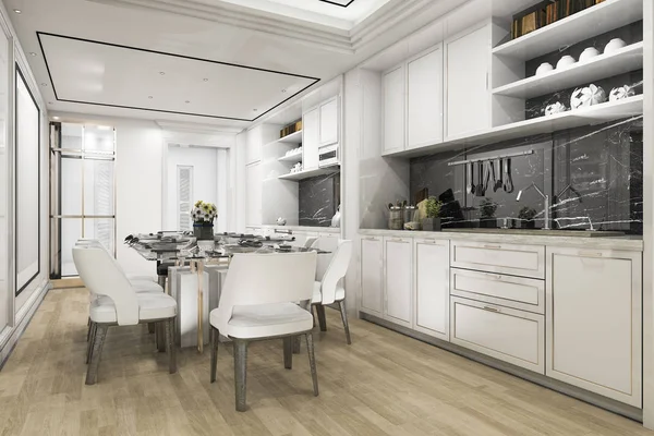 Rendering Beautiful Modern White Kitchen Dining Room — Stock Photo, Image