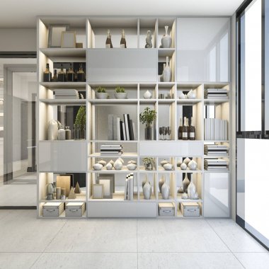 koridor ve pencere yakınındaki 3D işleme modern raf tasarım