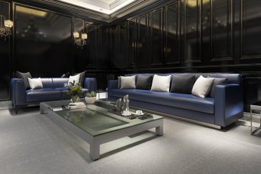 3D render siyah otel lounge ile klasik duvar tasarımı yansıtacak