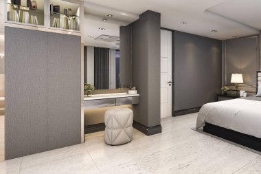 Tablo modern yatak odasında dolap yakınındaki 3D render makyaj