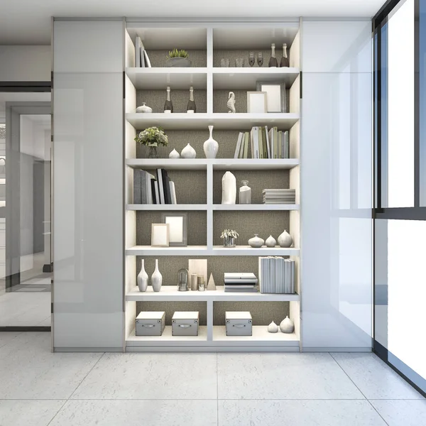 3d rendering modern shelf design in near corridor and window