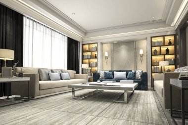 3D render lüks ve modern oturma odası kitaplık ile