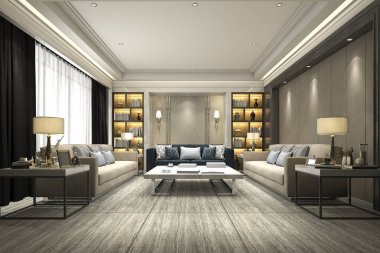 3D render lüks ve modern oturma odası kitaplık ile
