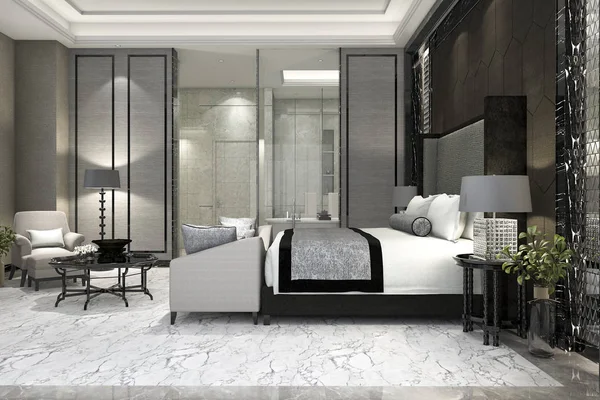 Rendering Luxus Suite Schlafzimmer Hotel Der Nähe Von Glas Badezimmer — Stockfoto