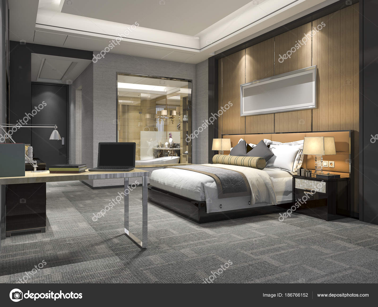 Bagno suite camera letto lusso moderno rendering — foto stock ... Camera da letto lusso