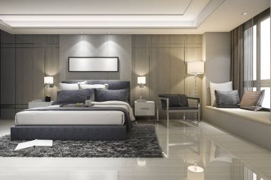 3D modern lüks yatak odası süiti ve banyo.