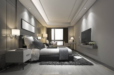 3D modern lüks yatak odası süiti ve banyo.