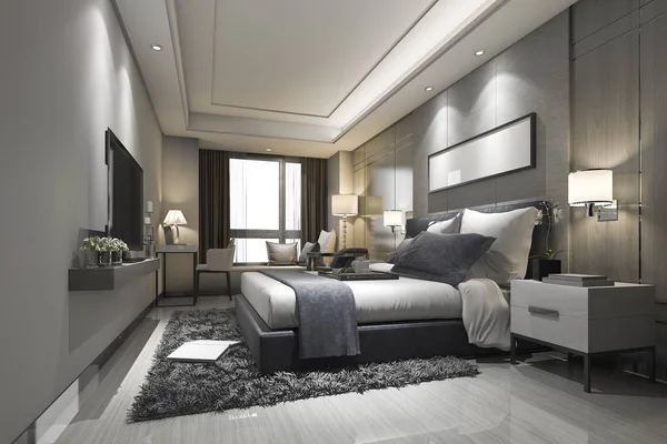 Rendering Moderner Luxus Schlafzimmer Suite Und Badezimmer — Stockfoto