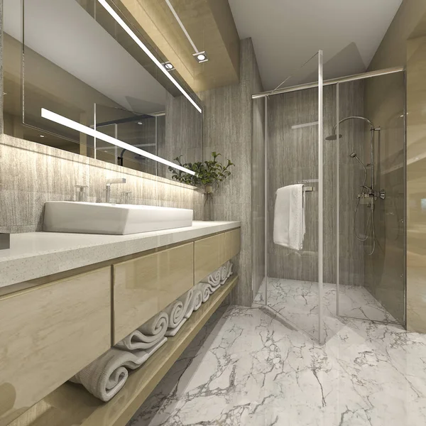 Rendering Modernes Luxus Holz Badezimmer Suiten Hotel — Stockfoto
