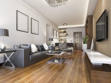 3D render lüks ve modern oturma odası mutfak yakınındaki