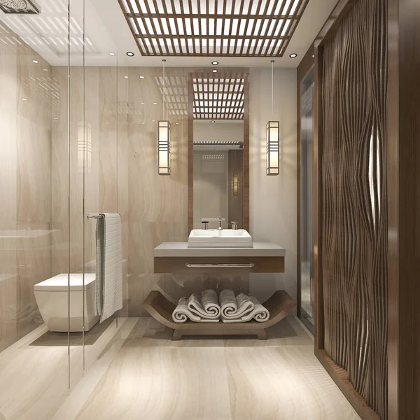 Rendering Modern Luxury Wood Bathroom Suite Hotel — Stock Photo, Image