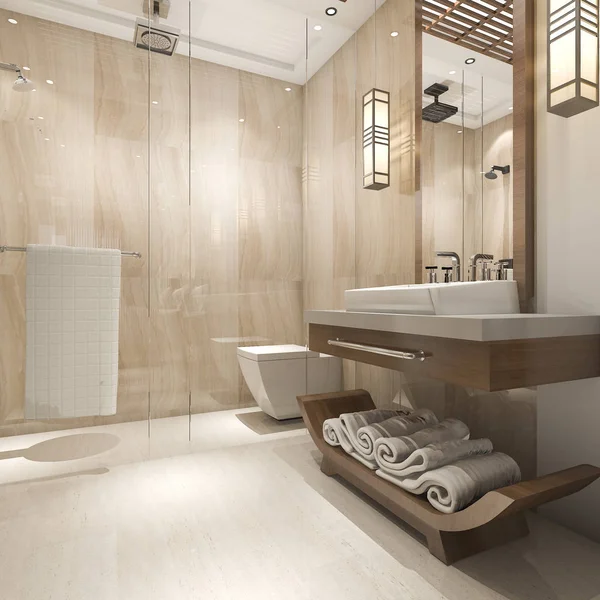 在套房酒店渲染现代豪华实木浴室 — 图库照片