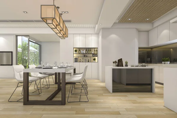 Rendering Beautiful Modern White Kitchen Dining Room — Stock Photo, Image